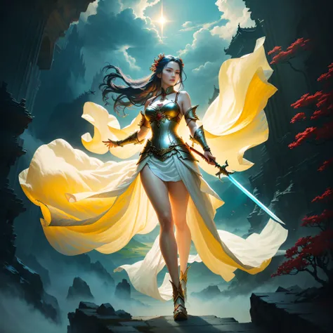 A greedy woman in a red dress holds a sword，Fly in the air,Detal Face,Cold face, dramatic lighting fantasy, beautiful fantasy maiden, Fantasy Woman, fantasy character photo, Chinese fantasy, Ethereal fantasy, fantasy beautiful, beautiful fantasy art, cloud...