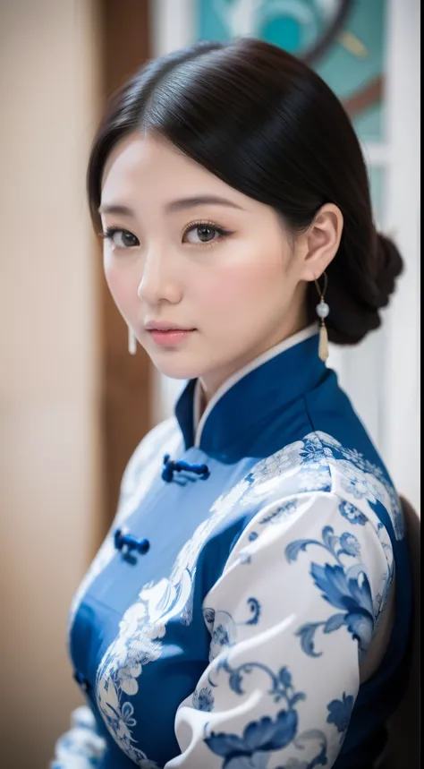 China-style，Oil paints，（Blue and white porcelain style：1.4），（hanfugirl：1.5），ancient china art style,，Beautiful chubby asian woman， Photos taken with a Canon EOS R5 DSLR camera, Cinematic lighting, Ultra photo realsisim, Intricate details, Her face is delic...