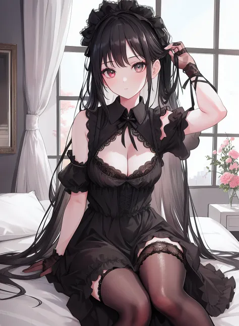 1girl, beautiful black dress, lolita style, lace, cleavage, tying a hair, in the room with a window, legs