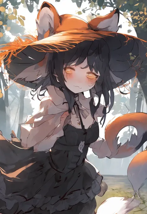 A girl in a black dress and a fox hat, An anime work drawn by Kisu, pixiv contest winner, rayonism, made of leaves, soft mist, Mist.