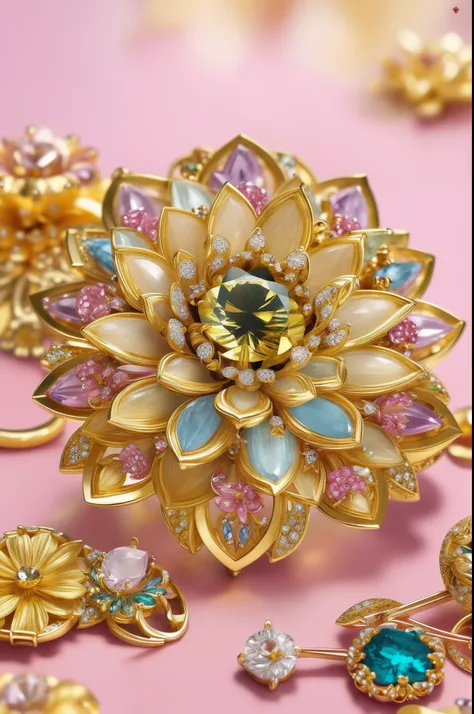 The table is lined with colorful jewels and gold brooches, Beautiful flowers and crystals, Detailed Jewelry, Detailed Jewelry, Floral Burine, Jewelry Design, Luxurious ornate golden jewelry, superb detail 8 k, complicated and elegant, Exquisite fine detail...