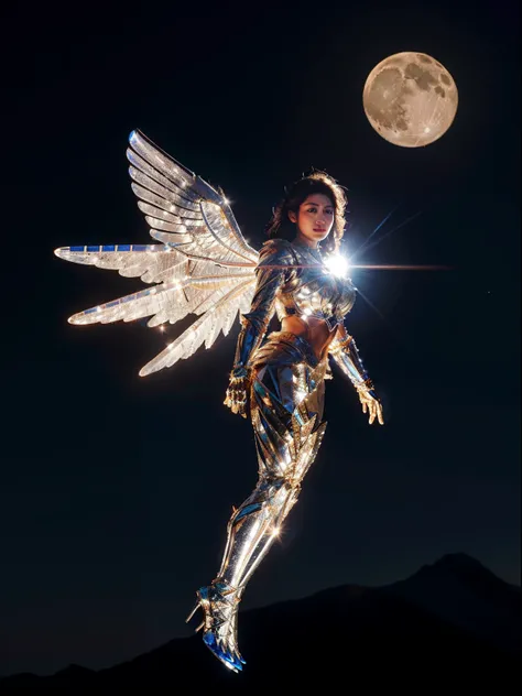 on the moon surface,Woman in crystal armor,Fly in the sky with two large wings, The moon is in hand,High quality,Masterpiece,8K,(Anatomically correct:1.2)，Realistic，Cinematic lighting effects，Medium shot,full bodyesbian，volumettic light