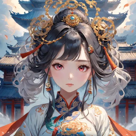 Dark majestic Chinese palacebackground, sky clouds andswirls, a beautiful girl standingin the center of the palace, theground is full of fog,traditionalChinese costume jewelry, acrylicoil painting, light white and lightsilver,gold, elaborate costumes,
phot...