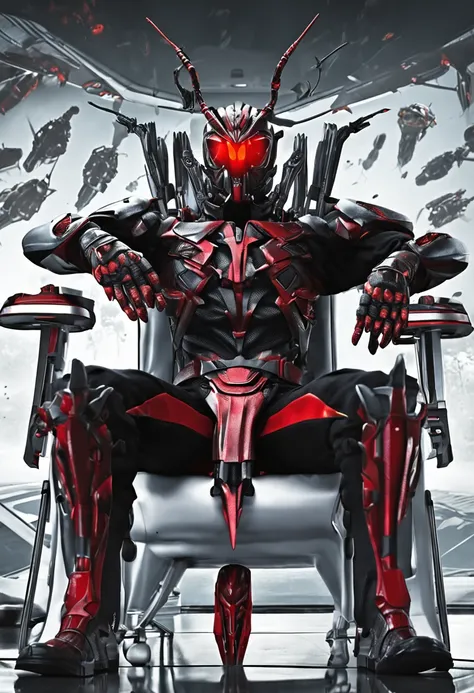 cool design, act ego style,sit at dark  rock chair like a king size,  with sword, a cyborg with insect head like henshin kamen rider, weAR DARK BLACK JACKET, HAND GLOVES DARK RED COLOR, BIG EYES RED COLOR EYES, GIT INSECT ETERNAL, BIG SHOULDER ARMOUR, SLIM...