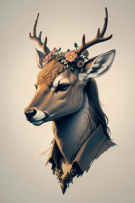 Deer head，Express the courage of a strong deer head，Solid background color，The antlers are large，There are flowers and plants on the antlers，The picture is in color ink style，The ratio of pictures is 2 to 3