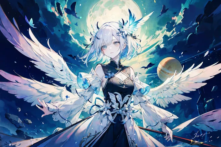 Angels are painted with pale and radiant complexion.、Its eyes have heterochromic eyes.、Its skin seems to glow with an otherworldly glow。He、Symbolizing the Nature of God、Adorned with a pair of shimmering graceful wings。This scene is amazing and fascinating....