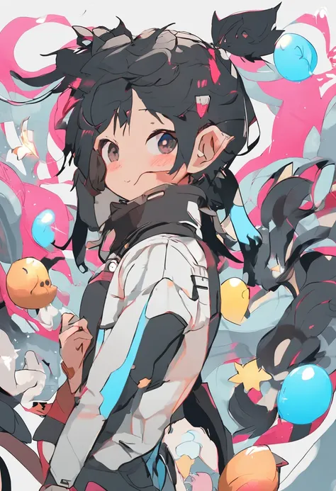 black hair, hair bobbles, wince, longeyelashes, solid circle eyes, fake animal ears, light smile, ear blush, fang, messy hair, aqua eyes, pikachu ears, clenched teeth, Surrealism, drop shadow, anaglyph, stereogram, tachi-e, atmospheric perspective, god ray...