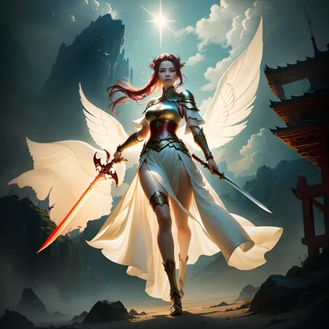 A beautiful woman in a red dress holds a sword，Fly in the air,Detal Face, looks into camera，dramatic lighting fantasy, beautiful fantasy maiden, Fantasy Woman, fantasy character photo, Chinese fantasy, Ethereal fantasy, fantasy beautiful, beautiful fantasy...