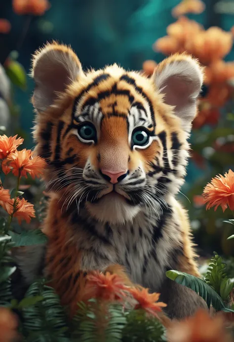 Colorful cute little tiger in enchanted forest, with big eyes, Rendered in ultra-realistic detail, sharp, High-quality details, 85 mm