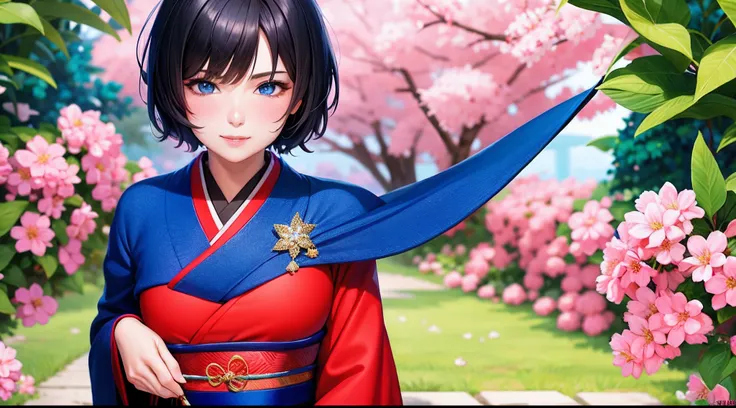 solo, 1girl, short black hair, sparkling blue eyes, realistic, wearing red kimono, 8k resolution, focused upper body shot, standing, ultra-detailed, masterpiece, highest quality, pov, blush, at sakura flower garden