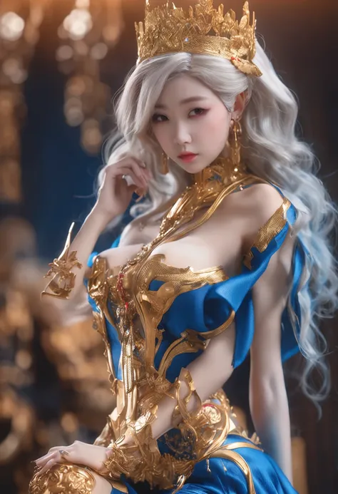 40D bust, leaking waist, Long legs, Raised sexy, with fair skin, golden hair, Asian women, Royal sister style, blue clothes