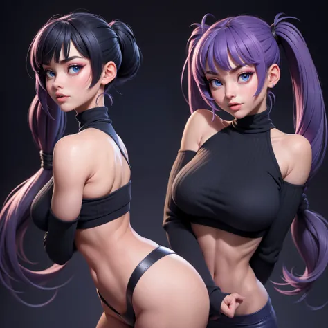 1fille, Juri Han de Street Fighter,  gros seins, grande largeur, Largeur gigantesque, ABS, seulement, cheveux longs, crop top noir, regardant le spectateur, fond bleu, cheveux noirs avec des rares meches violettes dans les cheveux noirs, fond simple, two s...