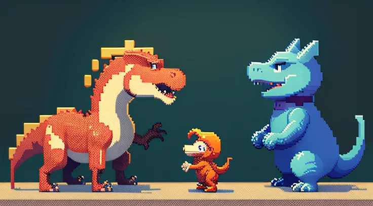 Close up of red dinosaur pixel image,Cute dinosaurs，Dinosaur and villain interact，1:1 Cephalic body，Dragon pixel art, 1 0 0 0 x 1 0 0 0 pixel art, pixel art sprite, videogame sprite, high quality pixel art, Pixel art vintage Digimon bitmap, For red and blu...