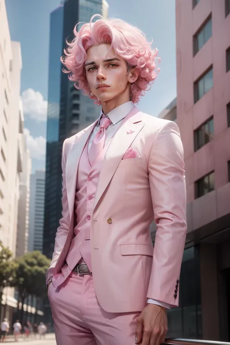 boy curly hair pink suit tall sporty handsome white hair The background is pink building