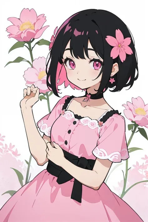 1girl, 独奏, Black hair, dress, pink dress, flower, hair flower, jewelry, hair decoration, earrings, pink eyes, short hair hair, collarbone, smile, looking at the scenes, short sleeves, Pink Flower - Relaxed --Negi