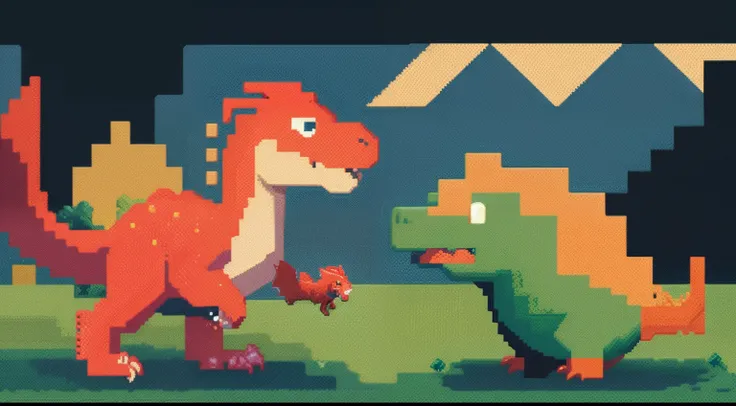 Close up of red dinosaur pixel image,Cute dinosaurs，Dinosaur and villain interact，1:1 Cephalic body，Dragon pixel art, 1 0 0 0 x 1 0 0 0 pixel art, pixel art sprite, videogame sprite, high quality pixel art, Pixel art vintage Digimon bitmap, For red and blu...