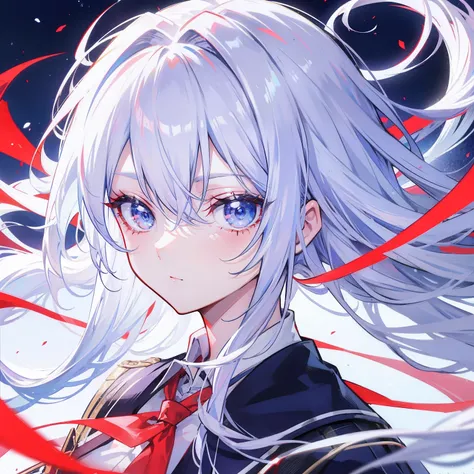 White-blue hair, scarlet pupils, Medusa wearing a school uniform