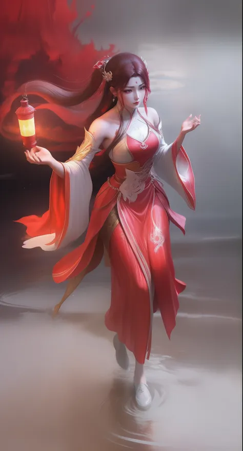 an arad woman in a red dress walks in the river carrying a lantern, full-body xianxia, inspired by park hua, by yang j, inspired...