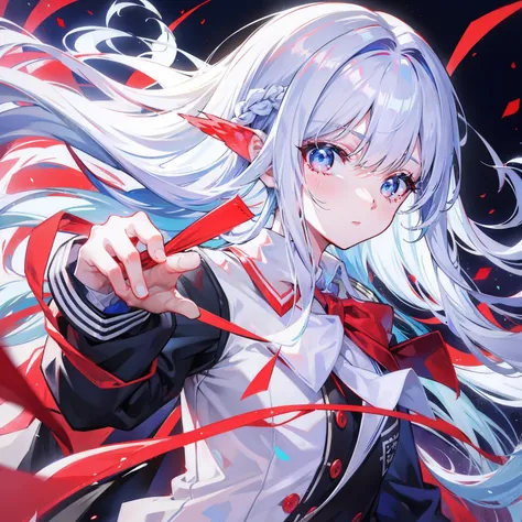 White-blue hair, Scarlet pupils, Medusa in school uniform