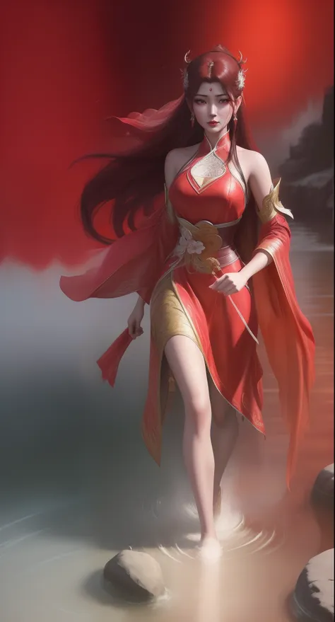 An Arad woman in a red dress walks in the river carrying a lantern, full-body xianxia, inspired by Park Hua, by Yang J, Inspired by Lan Ying, Extremely detailed Artgerm, inspired by Du Qiong, inspired by Ju Lian, art-style, Ruan Jia and Artgerm, lunar them...