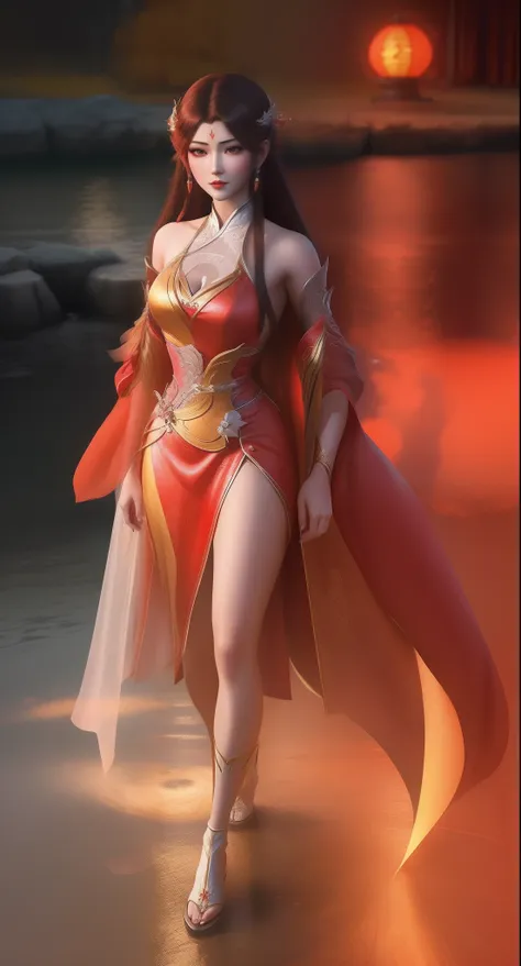 An Arad woman in a red dress walks in the river carrying a lantern, full-body xianxia, inspired by Park Hua, by Yang J, Inspired by Lan Ying, Extremely detailed Artgerm, inspired by Du Qiong, inspired by Ju Lian, art-style, Ruan Jia and Artgerm, lunar them...