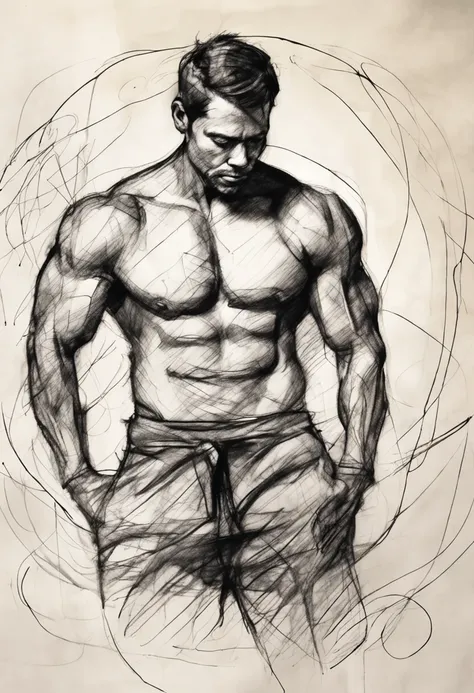 Coarse charcoal circular doodle style on waste paper, Muscular oriental male drawing, Dynamic pose, Circular clean line art,+Expressive lines, Paint in expressive sketch style, circular shading, Black and white sketch, hand painting, Coarse charcoal sketch...