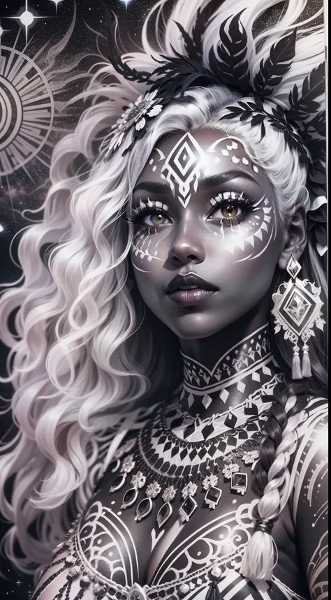 colouring book page, black and white, 32k, full body view, very beautiful tribal brown skin girl with excessive intricately detailed vivdly black and white facepaint bodypaint makeup, stunning radiant eyes, gorgeous white hair with highlights, magical nigh...