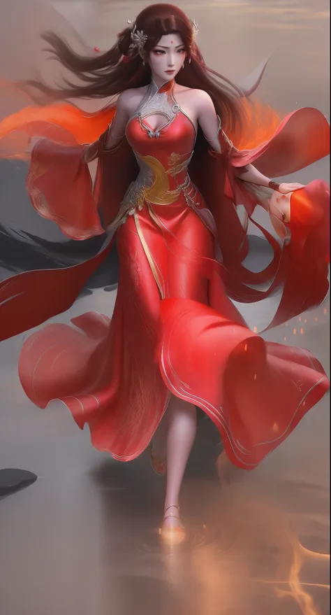 an arad woman in a red dress walks in the river with a lantern, full-body xianxia, inspired by park hua, by yang j, inspired by ...