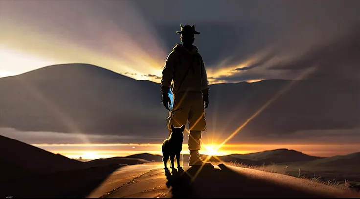 Please draw a picture：A man with a dog，Stand on scorched earth after the doomsday nuclear war，Under the rays of the setting sun，There are long shadows on the ground