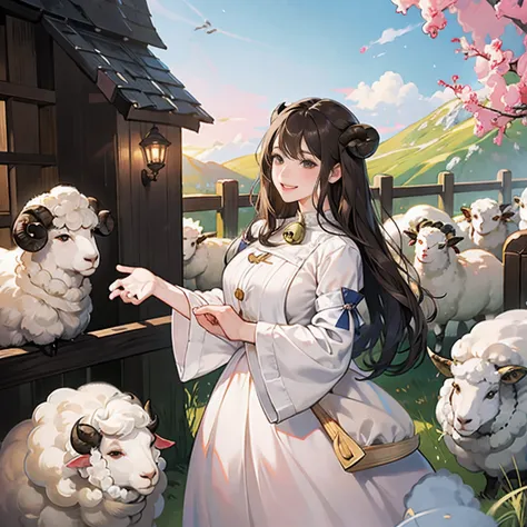 Women in Their 20s、 Fantasia、offcial art, unity 8k wall paper, ultra-detailliert, beautifly、Aesthetic, ​masterpiece, top-quality, Photorealsitic、large black eyes、dark brown hair、Sheep Woman、Sheeps ears、Milky horned sheep horns、Giant Spiral Horn:1.5、Collar ...