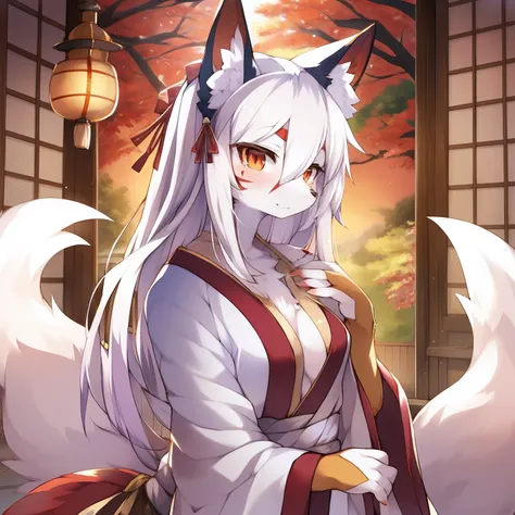 solo, female, fox, kitsune, white fur, red face markings, white body, white hair, long hair, red and orange eyes, long lashes, a...