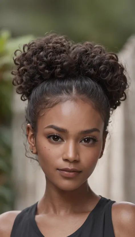 RAW photo, Real Photographics, A beautiful and stunning portrait of a black Brazilian woman, Nearly forty years old, with ((Dark brown skin)), Black African hair with a curly neck, hair scrunchie，black color hair，Kinks curl，Hair is curly，8 inches long hair...