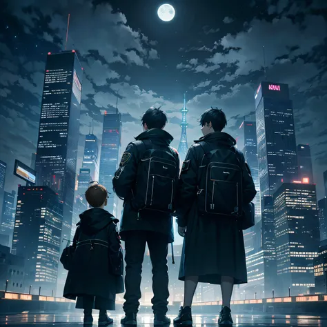 1boys, arms folded、vests、full body shot of、The beginning of the adventure、Very dark sky、Lots of clouds,dense fog、large moon,future、dystopian、A group of very tall skyscrapers stands in the center、High brightness radio tower、Crowded skyscrapers、Signs、the str...