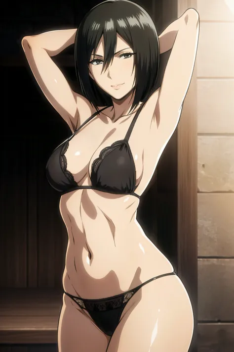 Dazzling, Armpits, intricate detailes, 1girl in, Mikasa Ackerman, (A dark-haired:1.3), hair between eye, short-haired, sideburns, s lips, shut, Yui, s lips, ​masterpiece, best qualtiy, , Bathing, hason, Baezon, Black eyes, , Black eyes, muscle, medium brea...