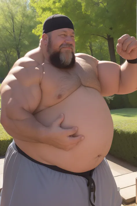 A chubby elderly gentleman with a pectoral strongman physique, showcasing his fat belly, bearded, side view, wearing, In park