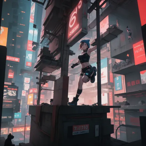 (cyberpunked:1.6),(Cyber City:1.8),(cyberpunk world:1.7),(Rooftop of building overlooking cyber city:1.4),(A girl moving from building to building in jump up:1.7), (((light as a whisker, flying like a bird))),BREAKE (computer building, computer cityscape:1...