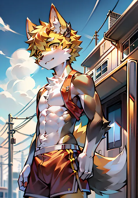 18 years old boy，height of one meter seven，red short sleeves，Summer white shorts，athletic sneakers，fluffly，Wolf ears，Thin in size，Big furry tail，Orange and yellow hair，Stand on the roof of the train，There was a strong wind，超高分辨率，8K