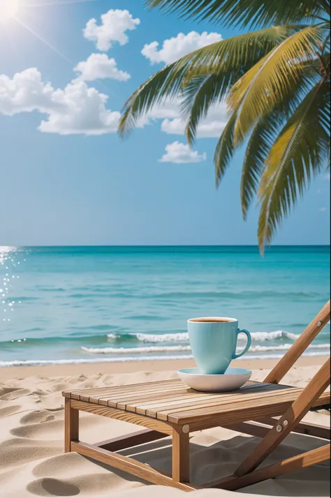 On the edge of the beach, a person is lying leisurely on a stylish lounge chair, with a cup of exquisite cappuccino quietly placed beside him. The picture is rendered in soft tones, emphasizing the blue of the sea and sky, realistic, photo --auto --s2