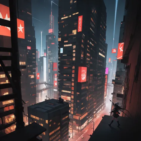 (cyberpunked:1.6),(Cyber City:1.8),(cyberpunk world:1.7),(Rooftop of building overlooking cyber city:1.4),(A girl moving from building to building in float ones body in the air:1.7), (((light as a whisker, flying like a bird))),BREAK (computer building, co...