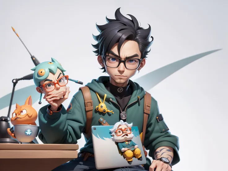 A young man with glasses sits at his desk，holding laptop，digitial painting，3D character design by Mark Clairen and Pixar and Hayao Miyazaki and Akira Toriyama，4K HD illustration，Very detailed facial features and cartoon-style visuals。