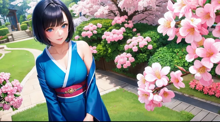 solo, 1girl, short black hair, sparkling blue eyes, realistic, wearing blue kimono, 8k resolution, focused upper body shot, standing, ultra-detailed, masterpiece, highest quality, pov, blush, at sakura flower garden