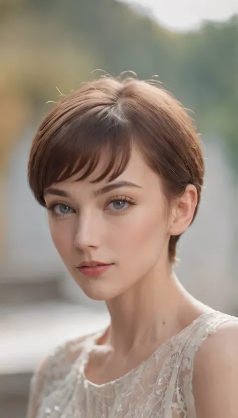 a young caucasian woman, short hair & bangs, blue eyes, 80s retro picture aesthetic, looks like she is confidently posing for the camera, keep the same aspect ratio, The colors are masterfully captured by Nikon D850 and a Nikon AF-S NIKKOR 70-200mm f/2.8E ...