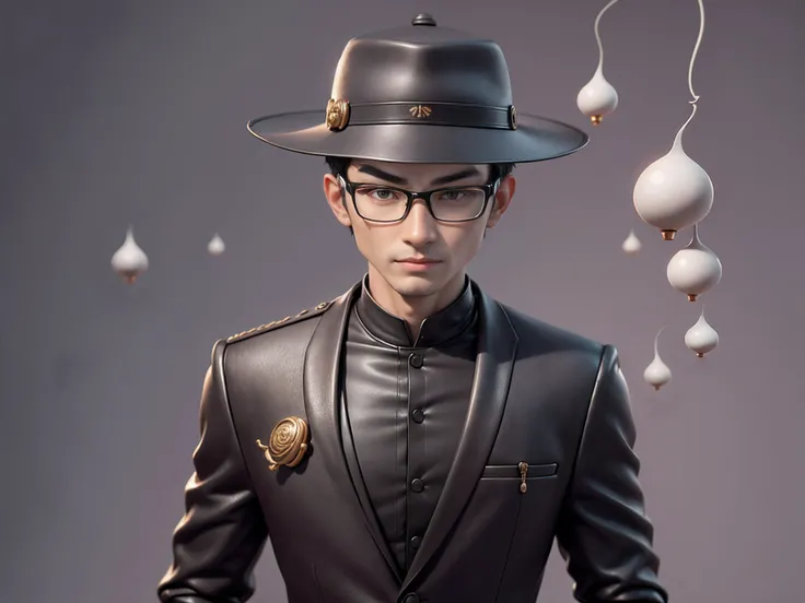 Young man with oriental face in leather hat, tiger, oriental face in formal suit, short black hair, silver glasses, digital painting, 3D character design by Mark Clairedon and Pixar and Hayao Miyazaki and Akira Toriyama, the illustration is a high-definiti...