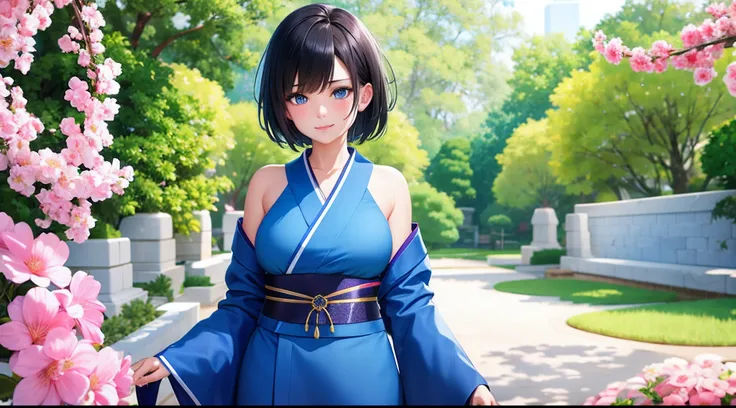 solo, 1girl, short black hair, sparkling blue eyes, realistic, wearing blue kimono, 8k resolution, focused upper body shot, standing, ultra-detailed, masterpiece, highest quality, pov, blush, at sakura flower garden