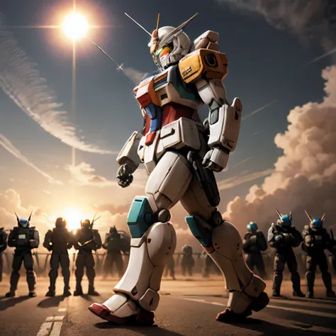 A team of Gundam troops，The first one or two are a man and a woman Gundam，Walk in line under the sun