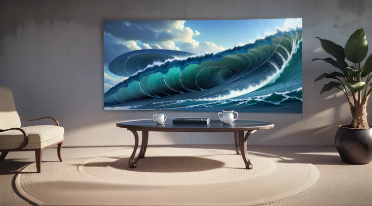 The living room of the future, Strong awareness of science and technology, sofe, coffee table, TV with surf waves, (in a panoramic view), Plants in pots, Backlight, High quality, Ultrathin, Detailed, Precise, (Masterpiece), Masterpiece, (16K resolution), c...