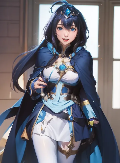 A women nina farion, black - haired mage, popular isekai anime, isekai, fus rei, konosuba anime style, blue cloak, konosuba, fire emblem