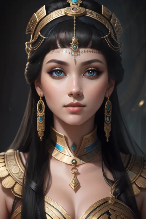 Cleopatra as a modern woman 2023, The corners of the eyes are slender, Black sky blue gold, The worlds most detailed portrait photography, RAW style, Trends on ArtStation, Trends on pixiv, Trends on Pinterest