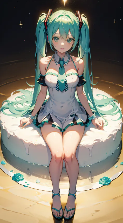 Hatsune Miku sits on a huge creamy birthday cake，The birthday cake is lit with colorful birthday candles，happy birthay，ssmile，Exquisite facial features，Elaborate Eyes，Gentle and shy face，Peerless beautiful girl，Advancedsense，Sandwich the strawberry between...