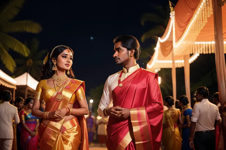 Year: 2023
Country: Sri Lanka
Description: In the historical city of Kandy, an elegant couple attends a traditional cultural festival. The woman wears a flowing saree adorned with intricate patterns, and the man dons a tailored suit. They admire the vibran...